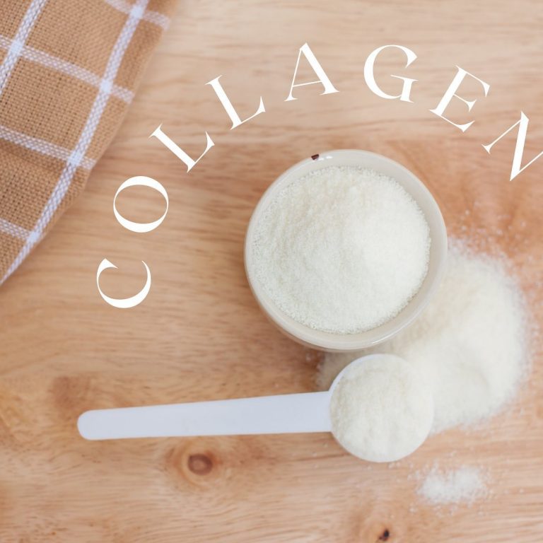 Collagen powder in bowl and spoon on table.