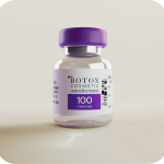Botox vial with purple cap on white background.